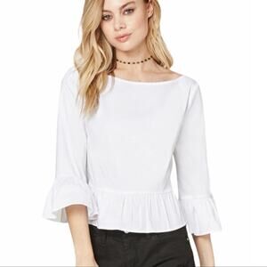 Bebe white button back bell sleeve peplum top xs